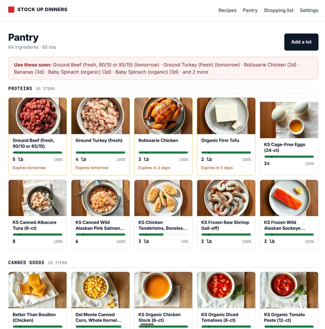 The pantry view: tiles of every ingredient on hand, grouped by category, with a 'use these soon' banner highlighting items about to expire.