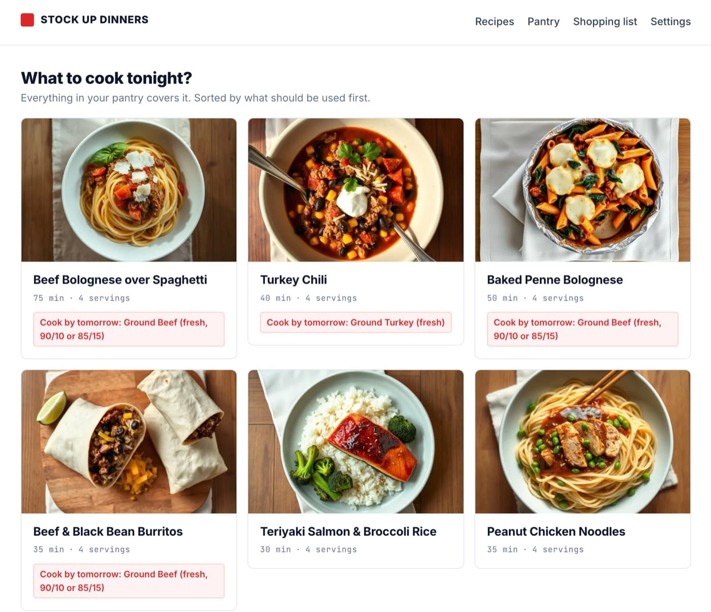 The 'What to cook tonight?' page: a grid of dinners cookable right now from the pantry, with red 'cook by tomorrow' tags on items using ingredients about to expire.